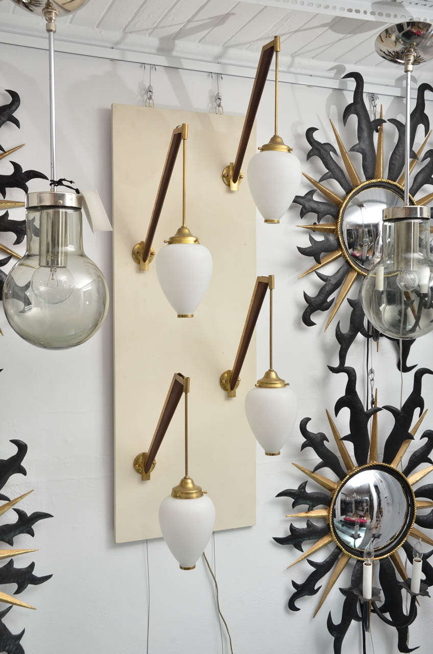 Mid-Century Modern Pair of Petite Walnut and Brass Sconces with Suspended Frosted Glass Shade