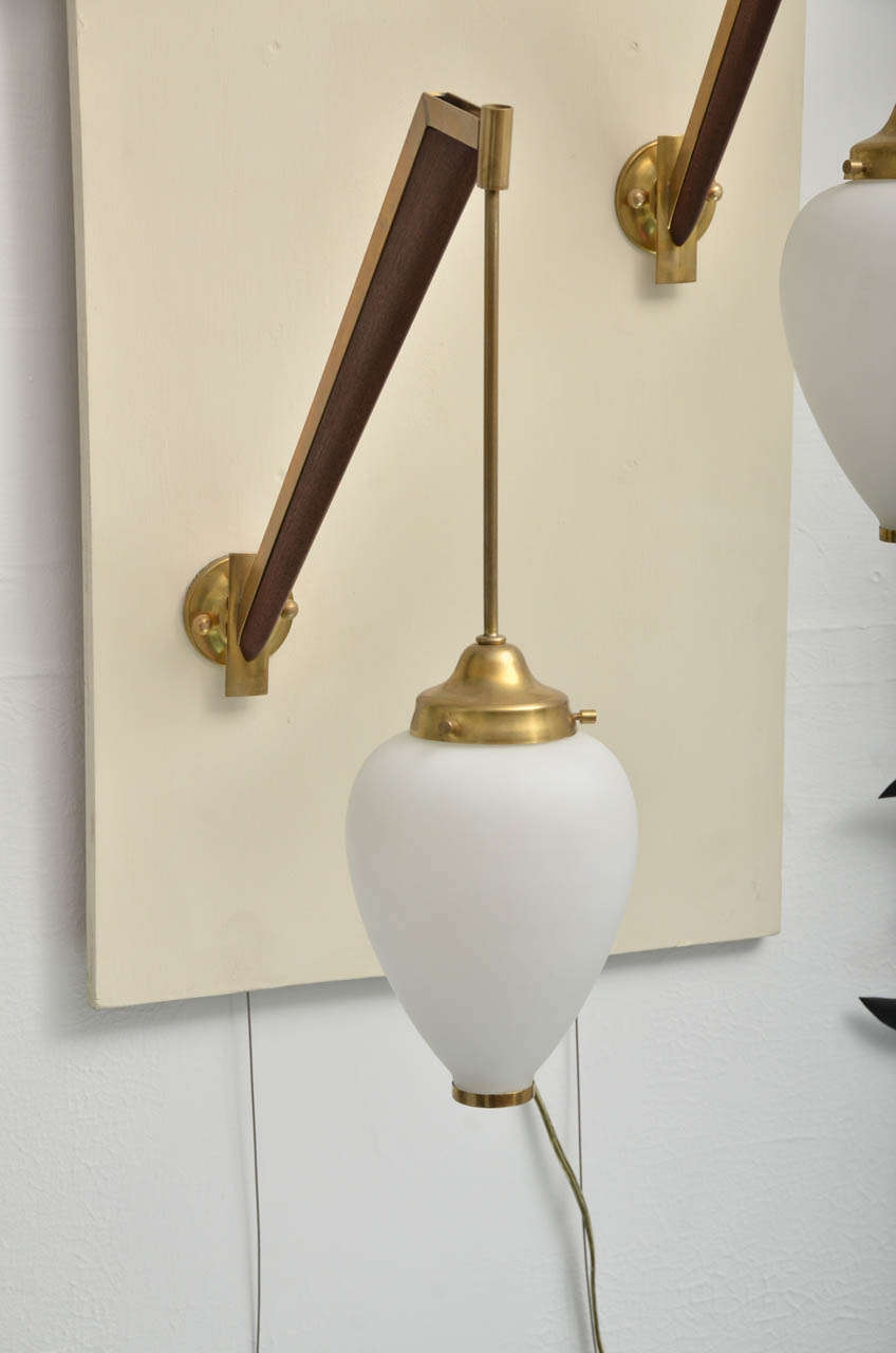 Italian Pair of Petite Walnut and Brass Sconces with Suspended Frosted Glass Shade
