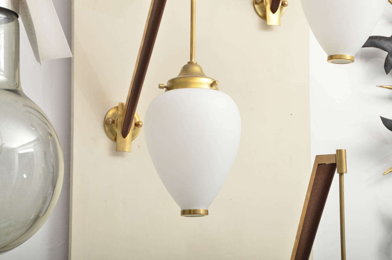 Mid-20th Century Pair of Petite Walnut and Brass Sconces with Suspended Frosted Glass Shade