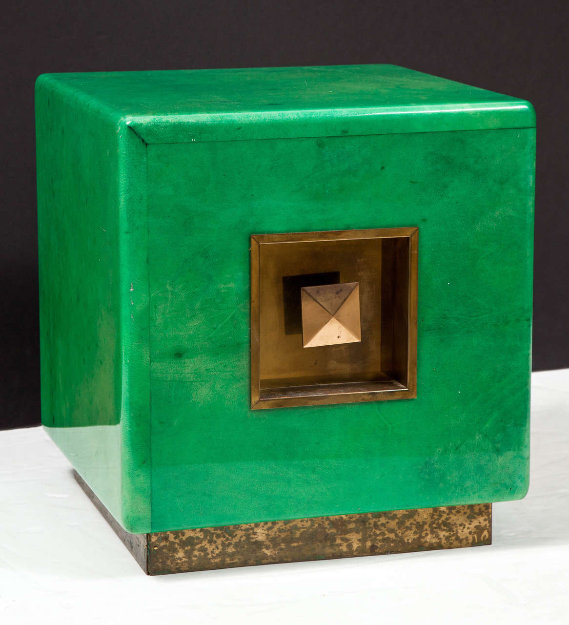 Rare green parchment cube table designed by Aldo Tura.