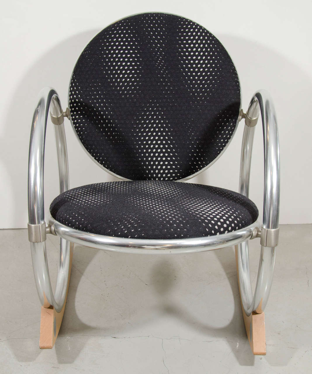 A Dondolo rocking chair, designed in 1994 by Verner Panton for Ycami Edizioni/Italy, tubular aluminium, upholstered seat and back, fabric covering.