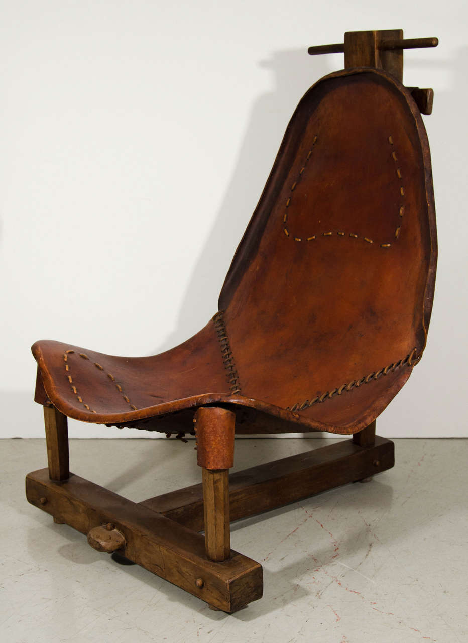 Unusual Brazilian Brown Leather and Wood Chair