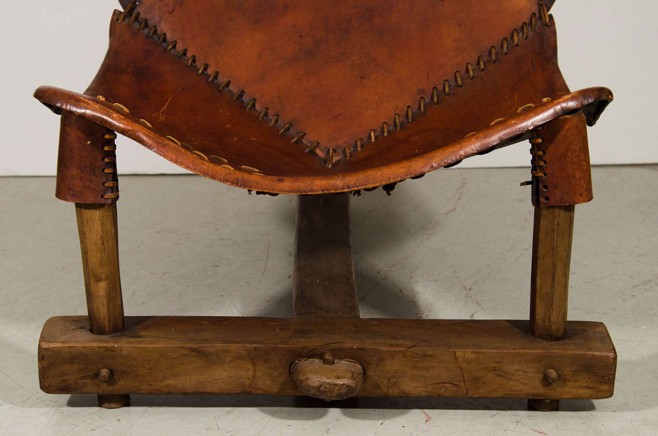 Late 20th Century Unusual Brazilian Brown Leather and Wood Chair For Sale