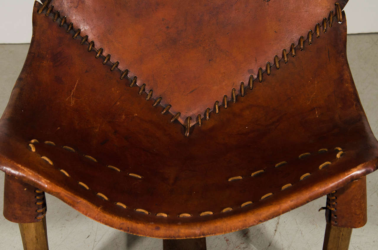 Unusual Brazilian Brown Leather and Wood Chair For Sale 1