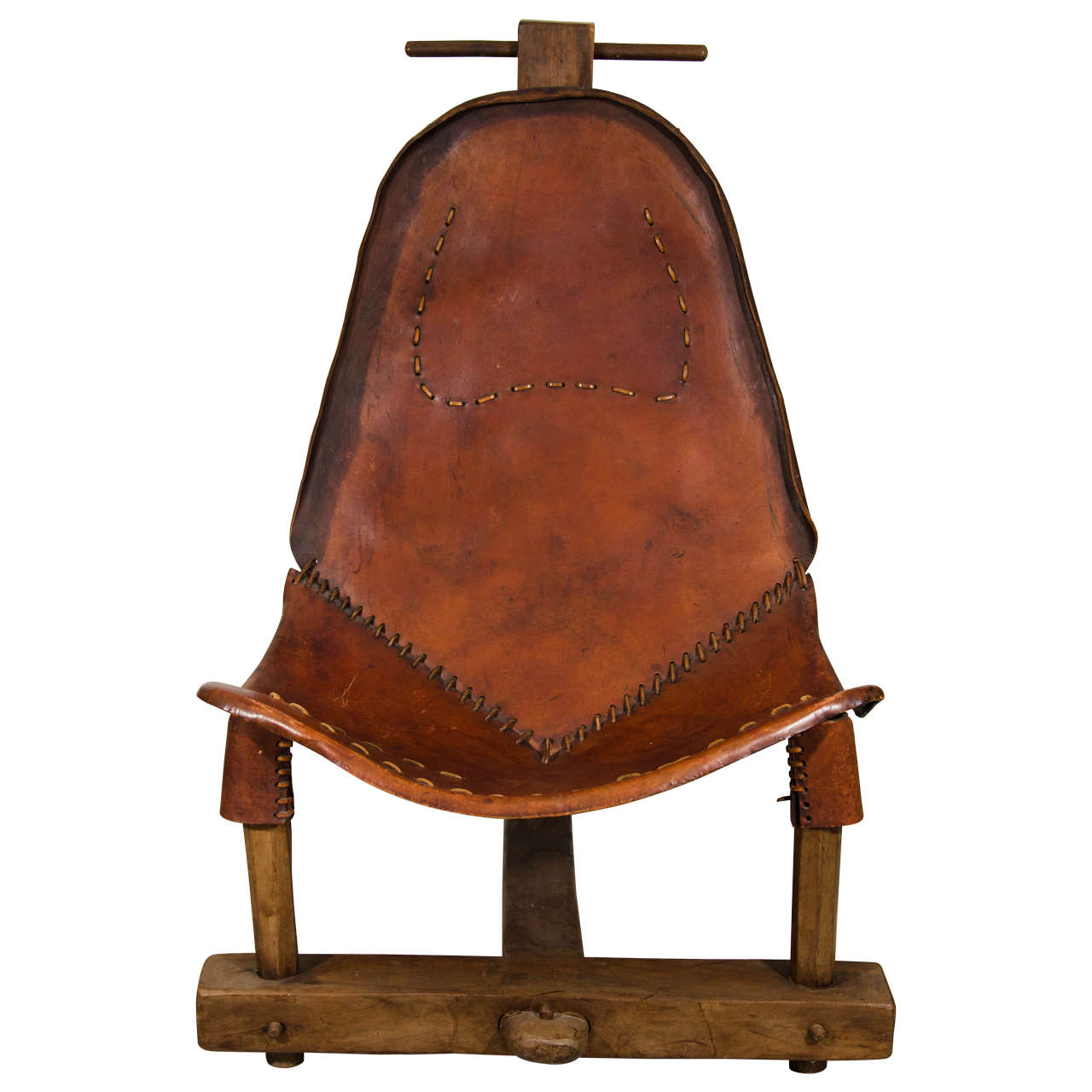 Unusual Brazilian Brown Leather and Wood Chair For Sale