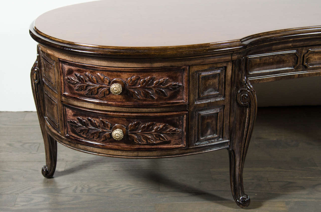 Hollywood Regency Elegant 1940s Hollywood Kidney Shaped Cocktail Table with Hand-Carved Detailing