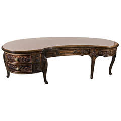 Elegant 1940s Hollywood Kidney Shaped Cocktail Table with Hand-Carved Detailing