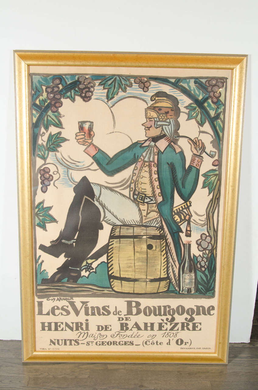 This 1916 French wine poster, titled Les Vins de Bourgogne (the wines of Burgundy) was created by illustrator Guy Arnoux (1890-1951). Advertising Henri de Bahezere wines, this painterly poster emphasizes the rich tones typical of wines from Burgundy