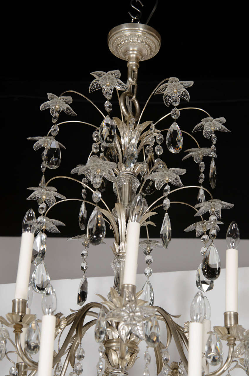 Mid-Century Modern Hollywood Regency Style Silvered Bronze & Cut Crystal Chandelier