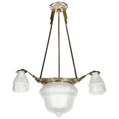 Art Deco Four-Globe Frosted Relief Glass Chandelier in Silvered Bronze 3