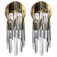 Pair of Mid-Century Modernist Brass and Crystal Sconces in the Manner of Lobmeyr