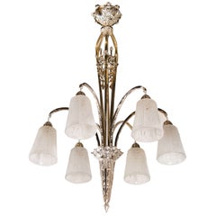 Art Deco Nickeled Bronze & Frosted Glass Six-Arm Chandelier by Muller Frères