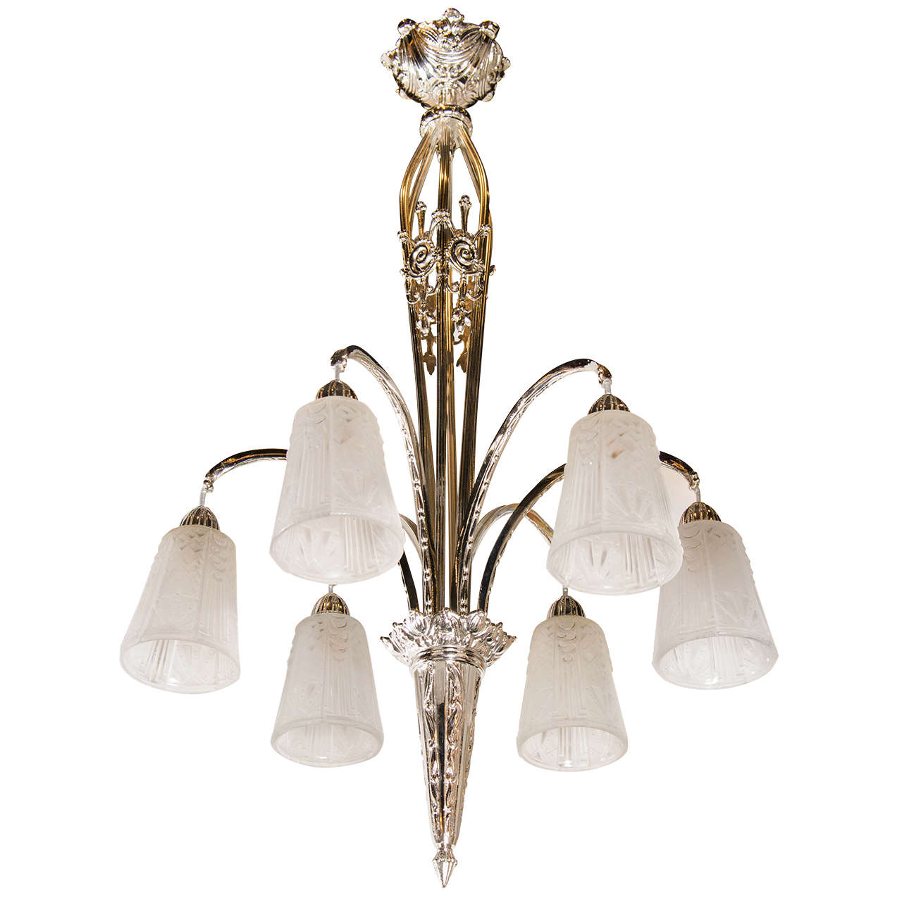 Art Deco Nickeled Bronze and Frosted Glass Six Arm Chandelier by Muller