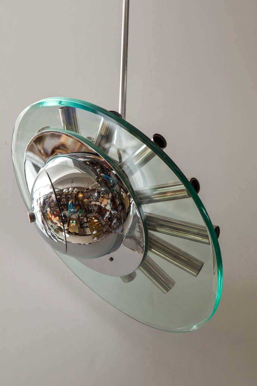Chrome and Glass Chandelier, Style of Fontana Arte In Excellent Condition For Sale In New York, NY