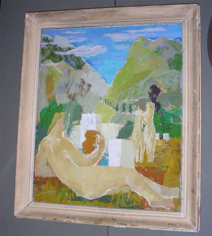 Large 1960s oil on canvas painting by Georges Duval, framed in patinated wood.