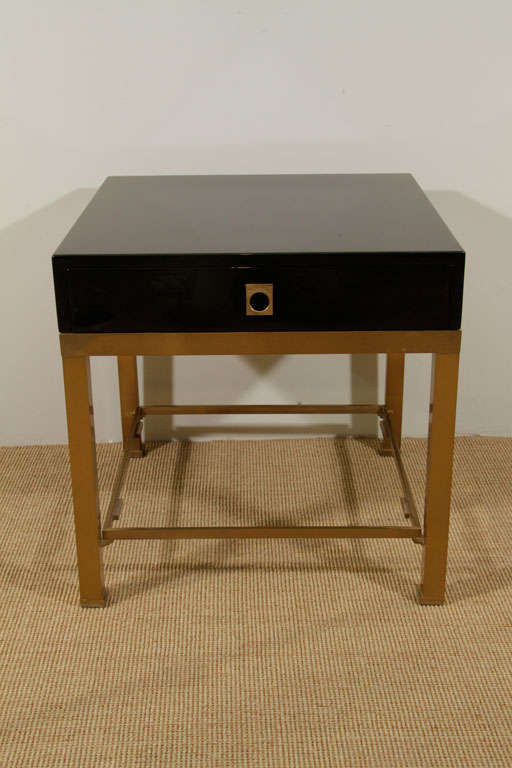 French A Pair of Maison Jansen Black Lacquer and Brass End Tables.