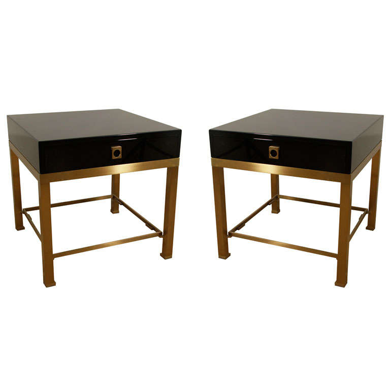 A Pair of Maison Jansen Black Lacquer and Brass End Tables.
