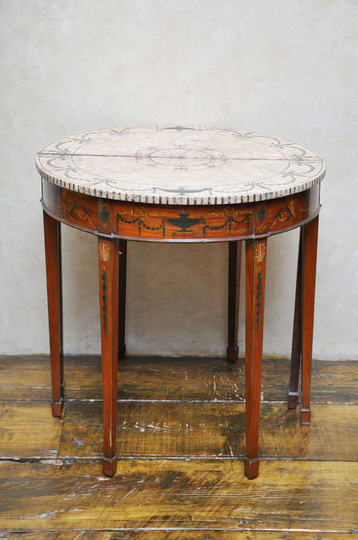 English Pair of Edwardian Sheraton Revival Pietra Dura Marble Demilune Tables, England For Sale