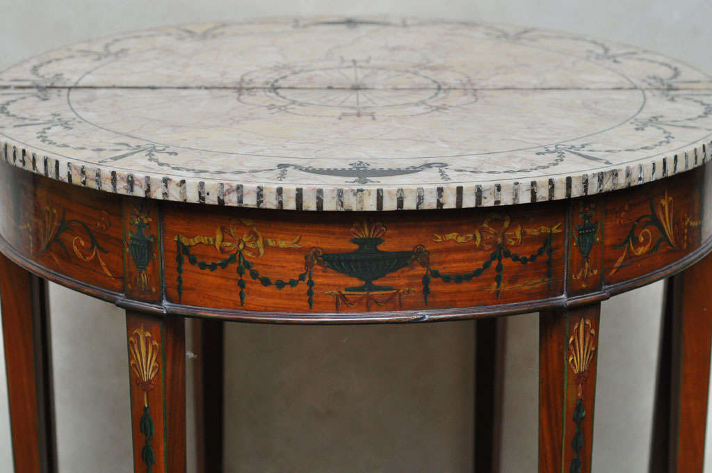 Pair of Edwardian Sheraton Revival Pietra Dura Marble Demilune Tables, England In Good Condition For Sale In Chicago, IL
