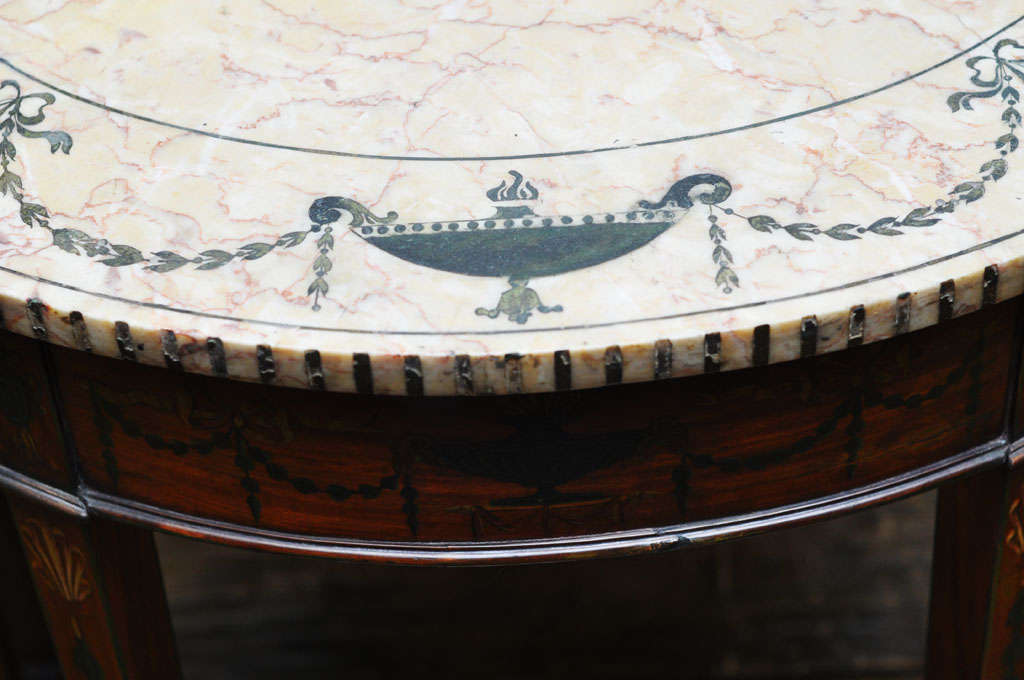 Pair of Edwardian Sheraton Revival Pietra Dura Marble Demilune Tables, England For Sale 1