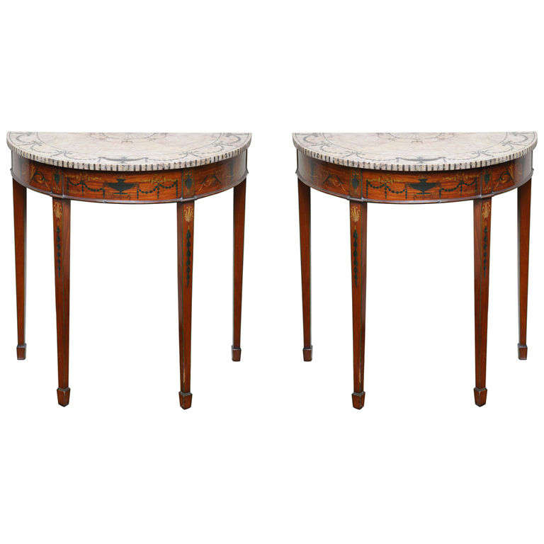 Pair of Edwardian Sheraton Revival Pietra Dura Marble Demilune Tables, England For Sale