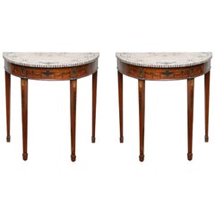 Pair of Edwardian Sheraton Revival Pietra Dura Marble Demilune Tables, England