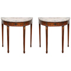 Pair of Edwardian Sheraton Revival Pietra Dura Marble Demilune Tables, England