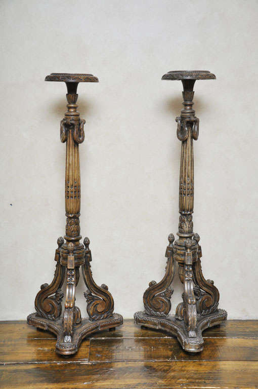 Pair of Neoclassical Style Floor Standing Carved Torchiere Pedestals, Italy 1880
