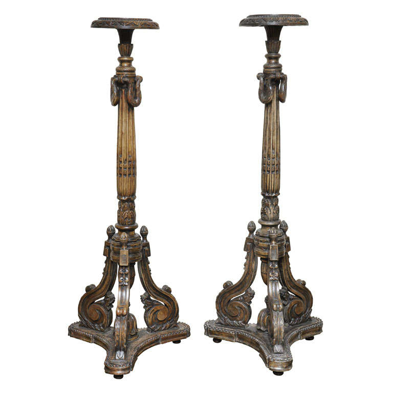 Pair of Neoclassical Style Floor Standing Carved Torchiere Pedestals, Italy 1880 For Sale