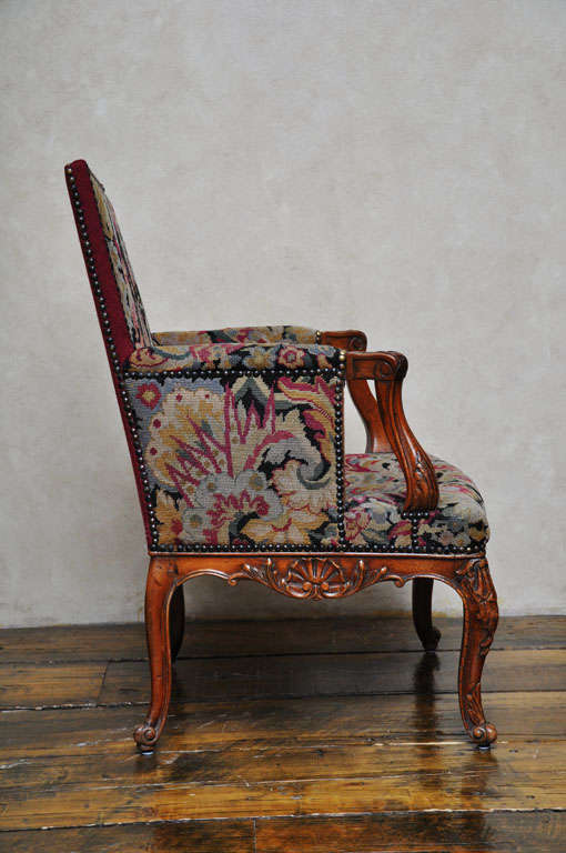 Neoclassical Pair of Transitional Louis XV Louis XVI Needlepoint Bergères, France, 1880 For Sale