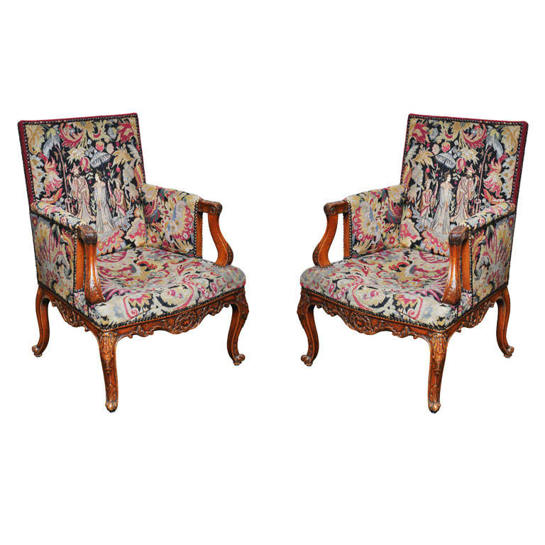 Pair of Transitional Louis XV Louis XVI Needlepoint Bergères, France, 1880 For Sale