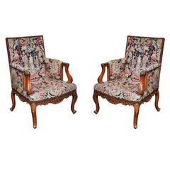 Antique Pair of Transitional Louis XV Louis XVI Needlepoint Bergères, France, 1880