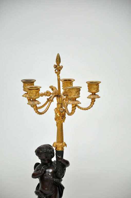 Rococo Pair of Patinated Bronze Putti Five-Light Candelabras, France, 1880 For Sale