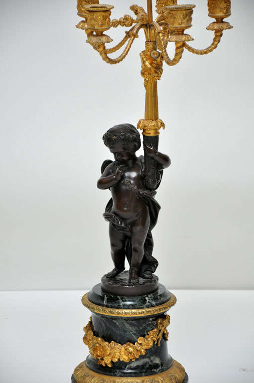 French Pair of Patinated Bronze Putti Five-Light Candelabras, France, 1880 For Sale