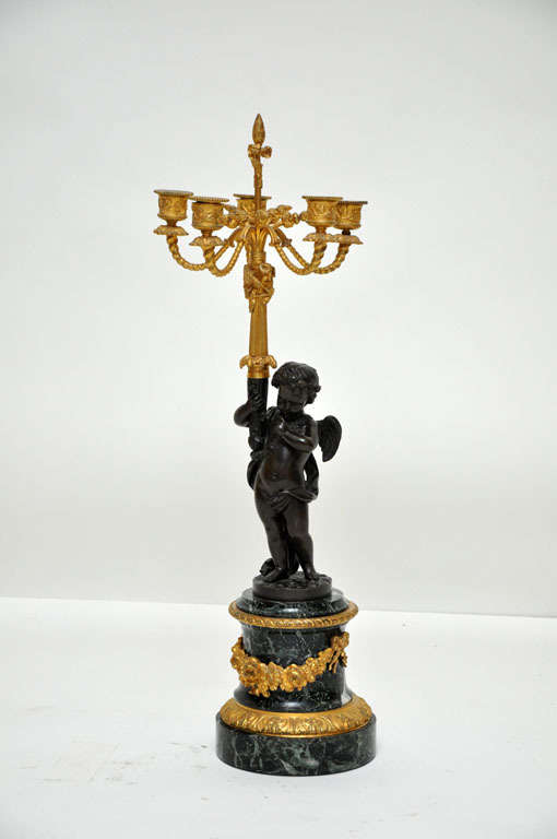 Marble Pair of Patinated Bronze Putti Five-Light Candelabras, France, 1880 For Sale
