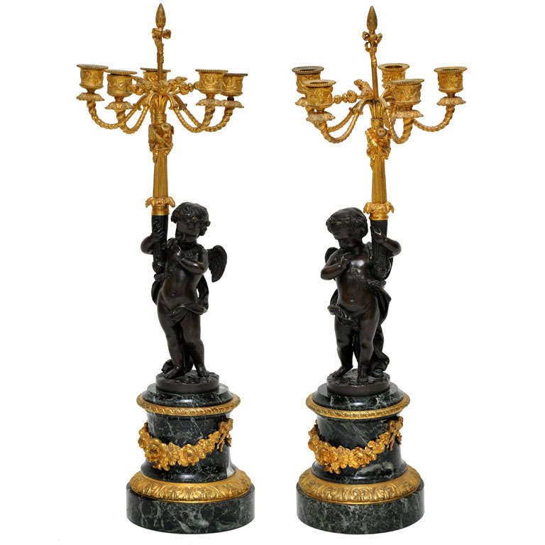 Pair of Patinated Bronze Putti Five-Light Candelabras, France, 1880 For Sale