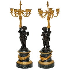 Pair of Patinated Bronze Putti Five-Light Candelabras, France, 1880