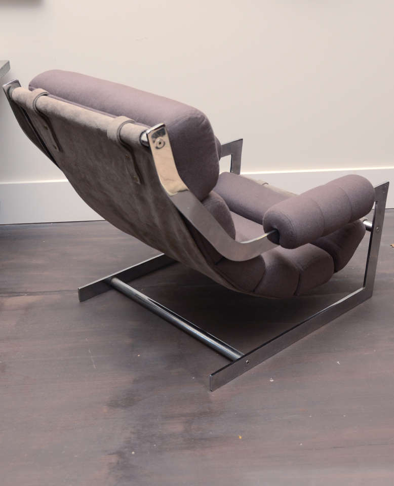 Modernist Chrome Sling Chair and Ottoman in Brown Cashmere, c. 1970s In Good Condition In New York City, NY