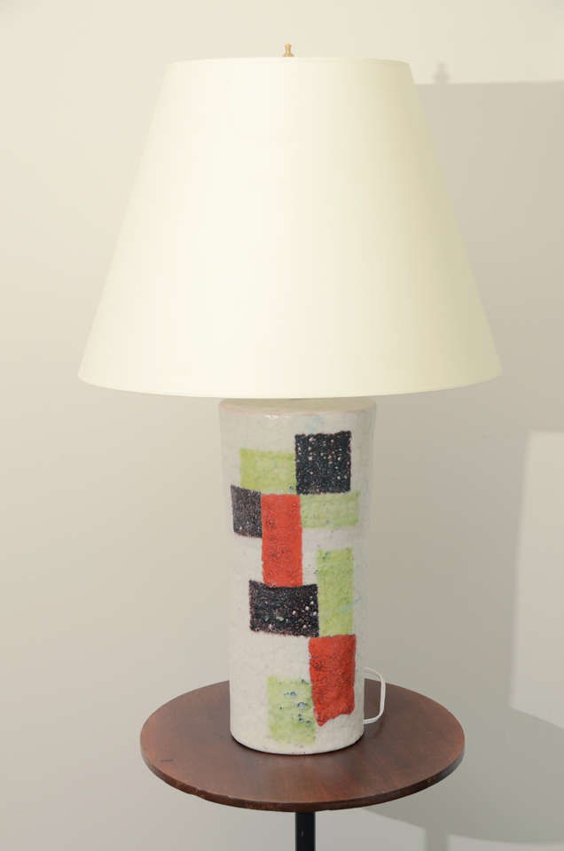 Glazed White Ceramic Lamp with Alternating Green, Red, and Brown Squares. Shade is not included in price. 