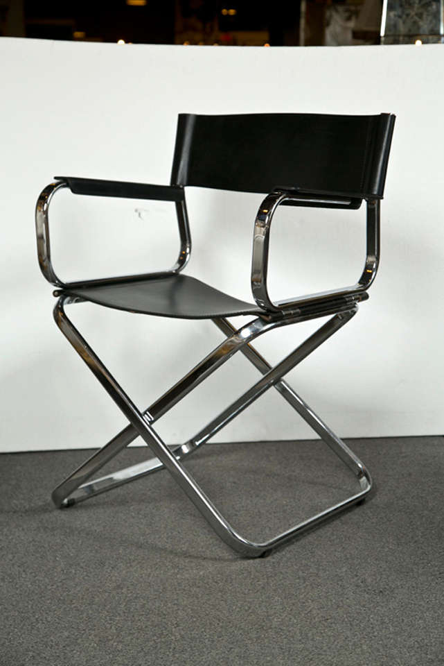Set of 6 Italian mid-century modern Director's folding chairs, black leather seat and backrest, X-form chrome frame.