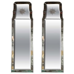Vintage Pair of Rare Decorative Etched "Charleston" Oblong Beveled Glass Mirrors