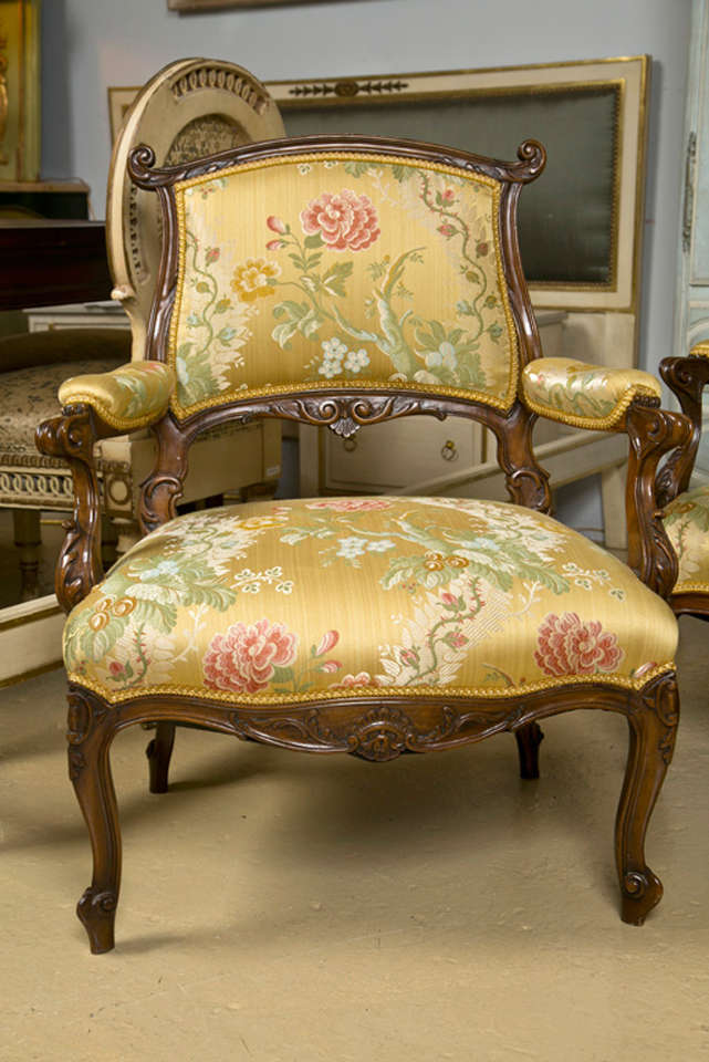 Pair of French Rococo Style Walnut Armchairs 6