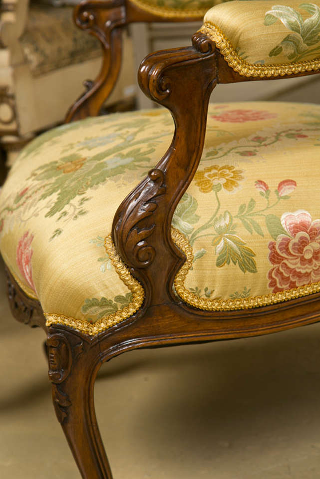 Pair of French Rococo Style Walnut Armchairs 1