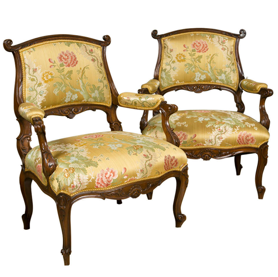 Pair of French Rococo Style Walnut Armchairs