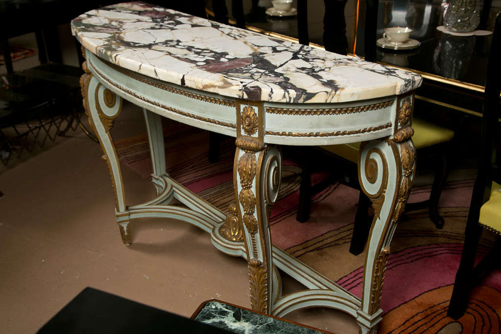 French Painted Marble Top Demilune Console Table by Jansen