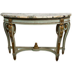 Vintage French Painted Marble Top Demilune Console Table by Jansen