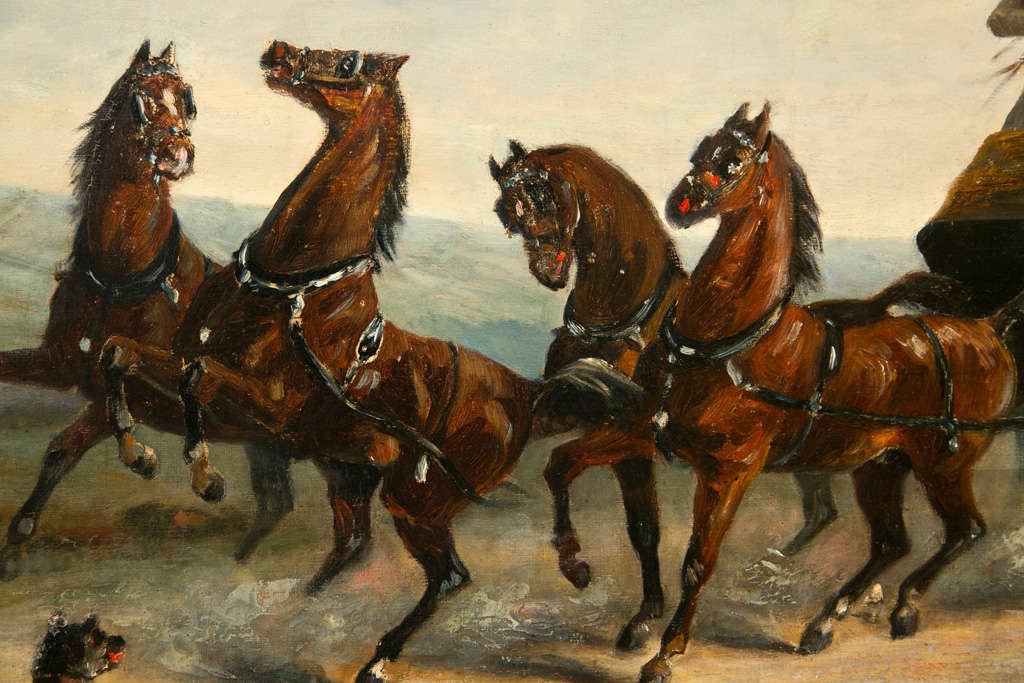 American 19th Century Oil on Canvas of Gentlemen on a Horse Pulled Wagon