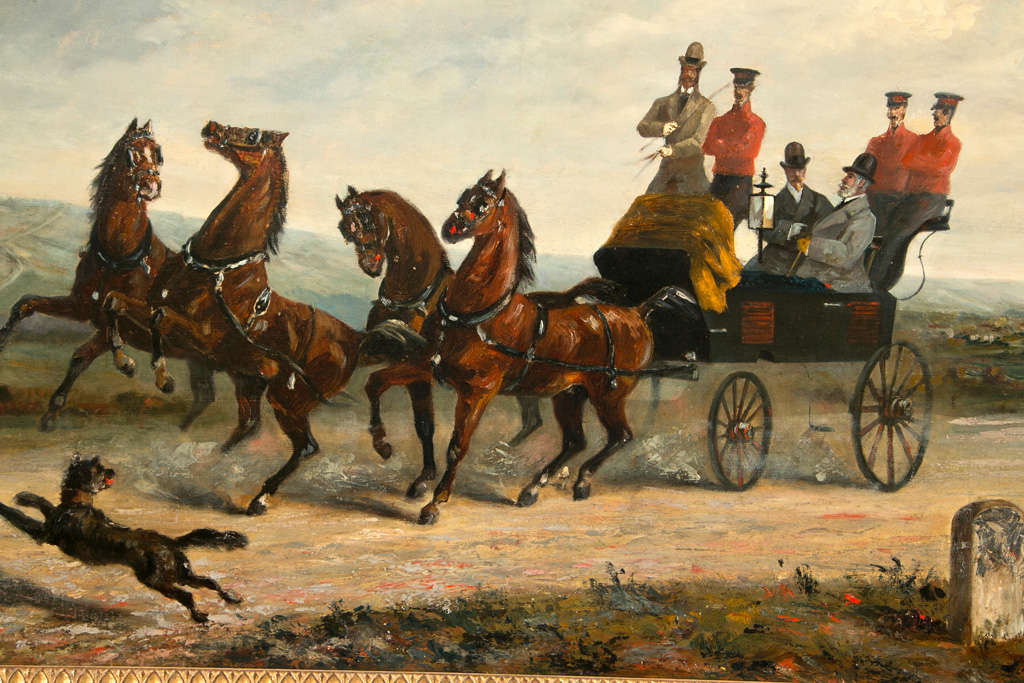 19th Century Oil on Canvas of Gentlemen on a Horse Pulled Wagon In Excellent Condition In Stamford, CT