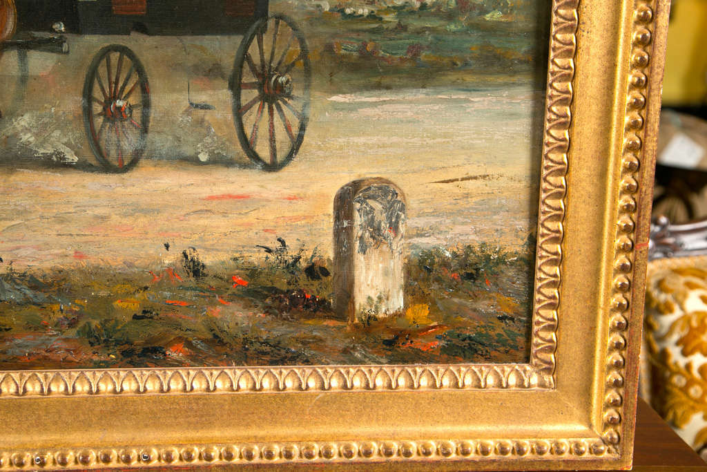 20th Century 19th Century Oil on Canvas of Gentlemen on a Horse Pulled Wagon