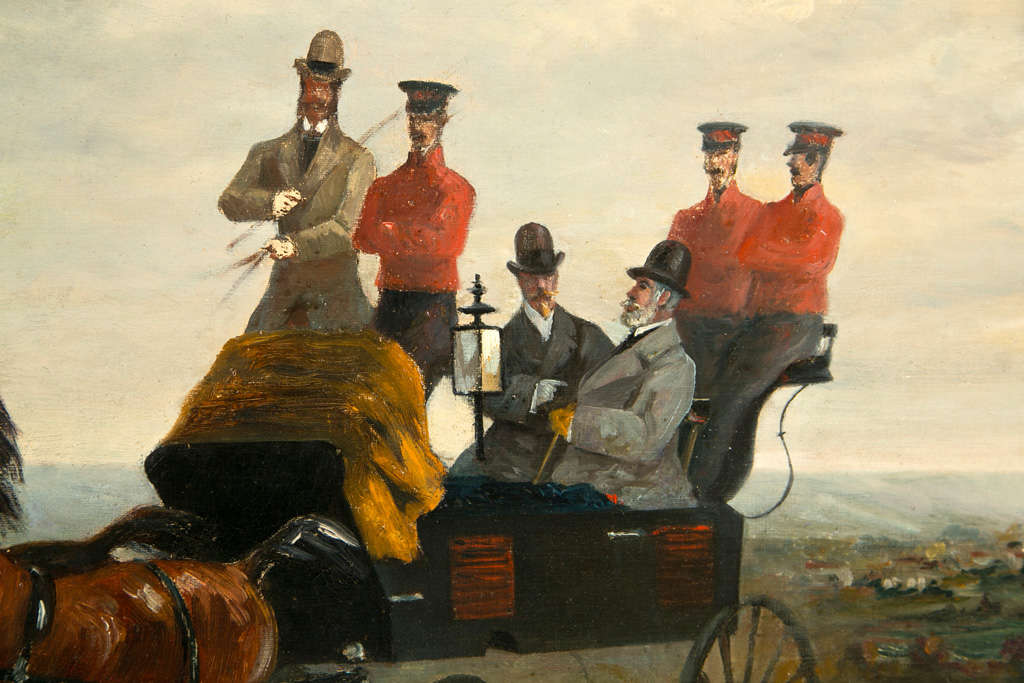 19th Century Oil on Canvas of Gentlemen on a Horse Pulled Wagon 1